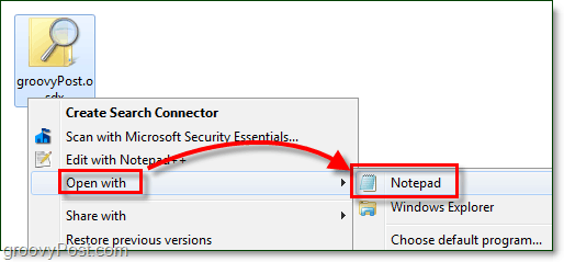 open een zoekconnector met kladblok om deze in Windows 7 te bewerken