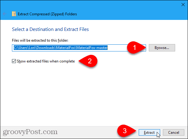 Dialoogvenster Windows 10 Extract