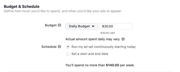 Facebook Ads Manager, Budget & Schedule-sectie voor advertentieset