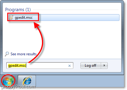 typ gpedit.msc in de taakbalk van Windows 7, zo krijg je toegang tot de lokale groepsbeleid-editor in venster 7