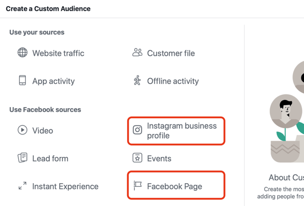 Gebruik Facebook-advertenties om te adverteren voor mensen die uw Facebook-pagina of Instagram bezoeken, stap 1.