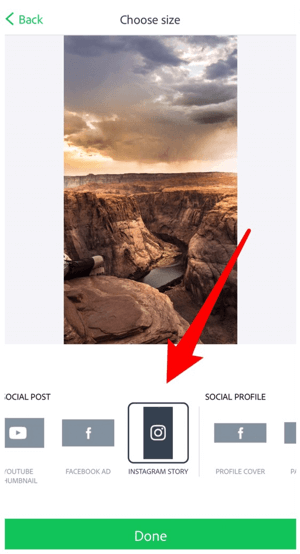 Selecteer Instagram-verhaal voor de afbeeldingsgrootte.