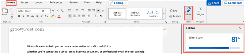 Microsoft Editor-knop en zijbalk in Word online