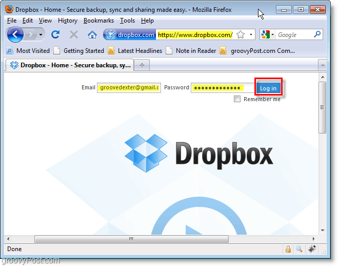 Screenshot van Dropbox - log in op dropbox