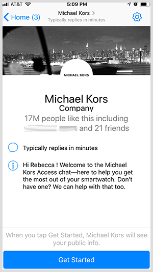 Om zich aan te melden voor een Messenger-bot zoals die van Michael Kors, klikken gebruikers op de knop Aan de slag.
