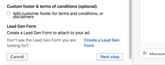 Lead Gen Form-optie in het gedeelte Basisinformatie van de instelling van de LinkedIn-conversatie-advertentie