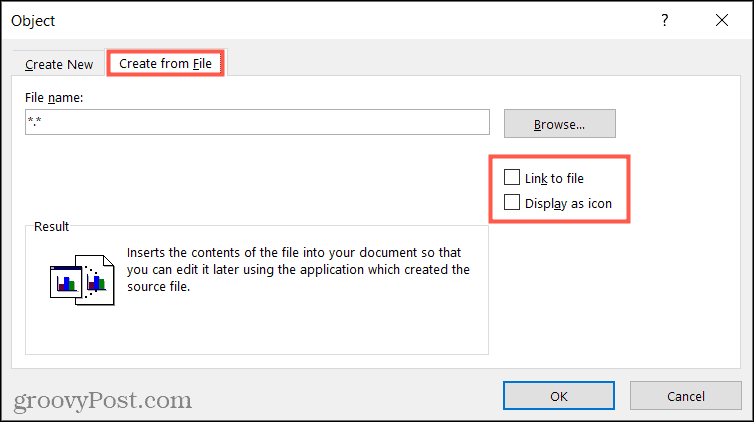 Kies Create from File om een ​​bestand in te sluiten