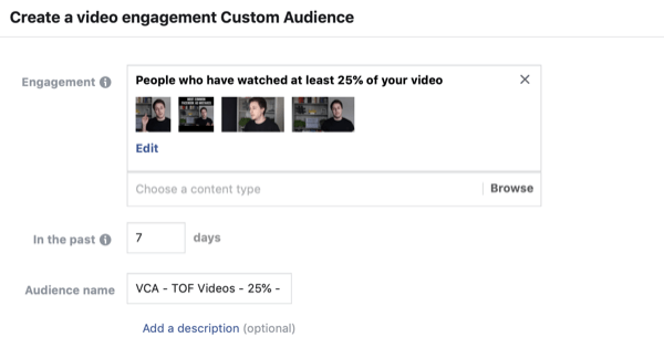 Maak het aangepaste Facebook-publiek van videokijkers, stap 2.