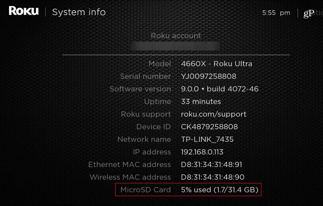 Roku_Ultra Systeeminfo MicroSD-kaart