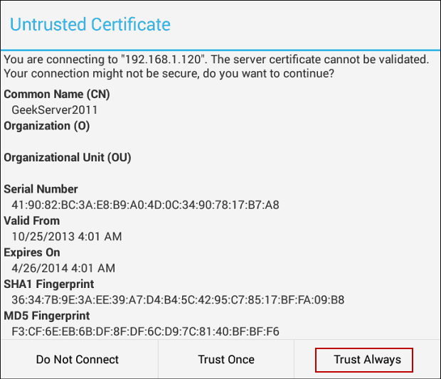 niet-vertrouwd certificaat