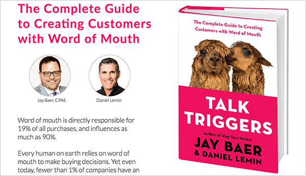 Dit is een screenshot van de Talk Triggers-website. Aan de linkerkant staat tekst over het boek en foto's van Jay Baer en Daniel Lemin. Aan de rechterkant is de boekomslag voor Talk Triggers.