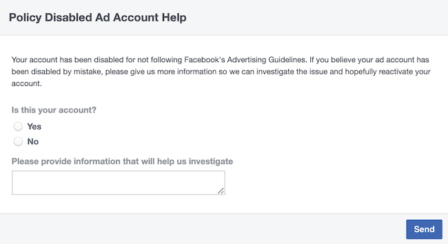 stap 1 van het invullen van het accountformulier voor uitgeschakelde advertenties van Facebook