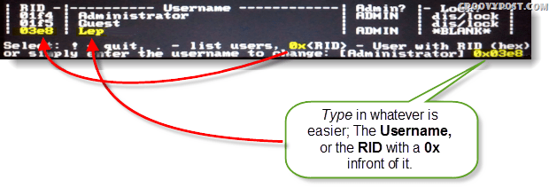 Selecteer!, stop. - lijst gebruikers, 0x <RID> - Gebruiker met RID (hex) of voer gewoon de gebruikersnaam in om te wijzigen: [Beheerder]