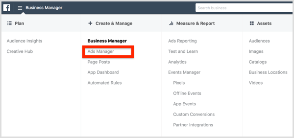 Selecteer Advertentiebeheer in het menu Facebook Business Manager.