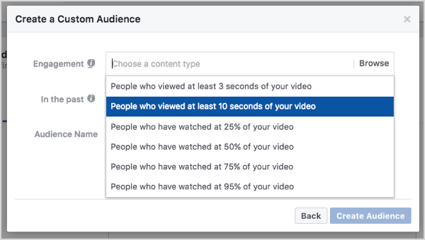 Aangepast Facebook-publiek op basis van videoweergaven van 10 seconden.