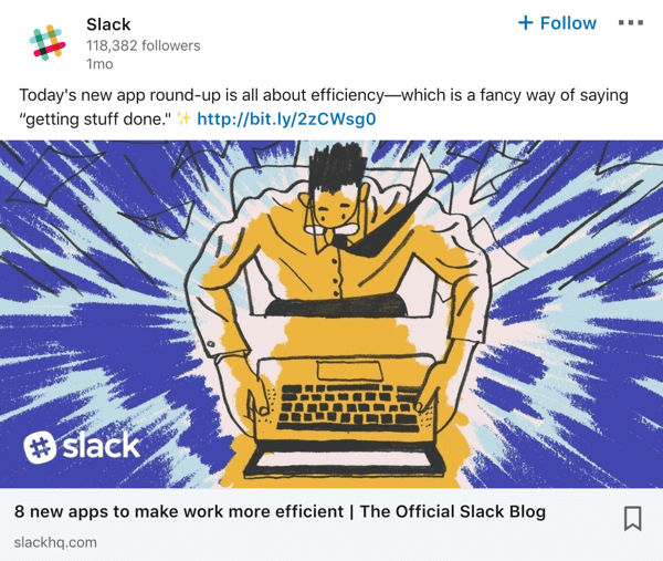 Slack LinkedIn-bedrijfspaginapostvoorbeeld.