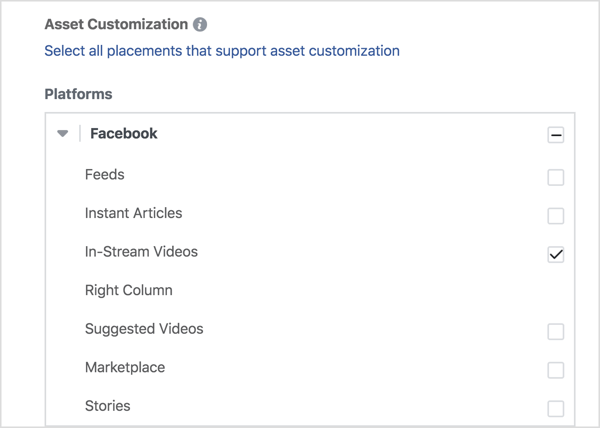 Als u uw videoadvertenties alleen op Facebook wilt weergeven, selecteert u InStream-video's onder Facebook.