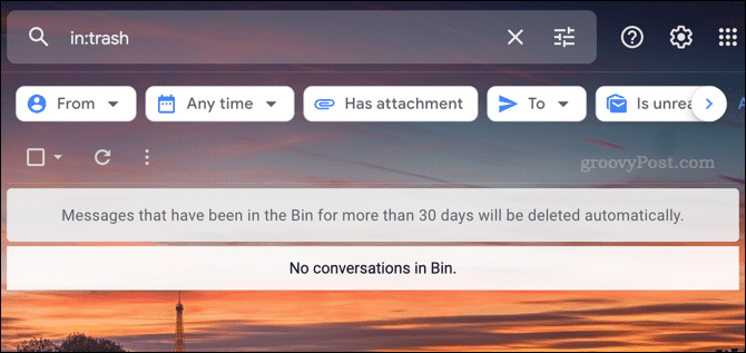 Een voorbeeld van een lege prullenbakmap in Gmail