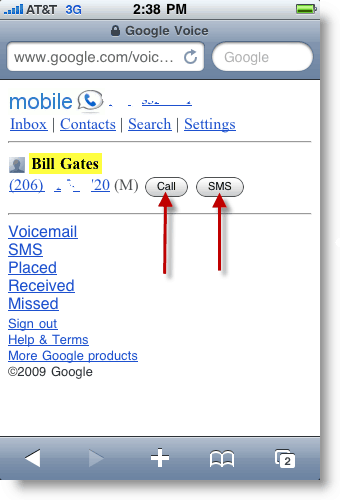 Google Voice Mobile Bel of verstuur een SMS Txt-bericht