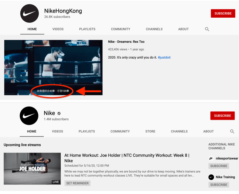 Nike all-market YouTube-account en marktspecifiek Hong Kong-account