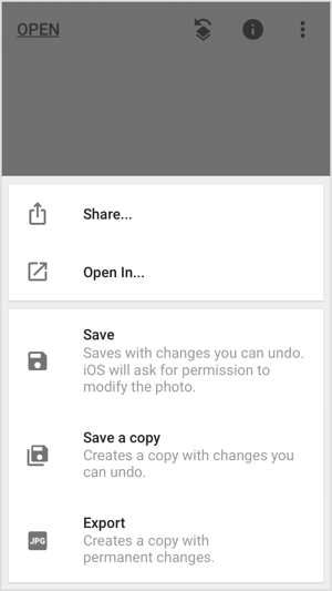 Deel, bewaar of exporteer uw afbeelding in mobiele apps zoals Snapseed.