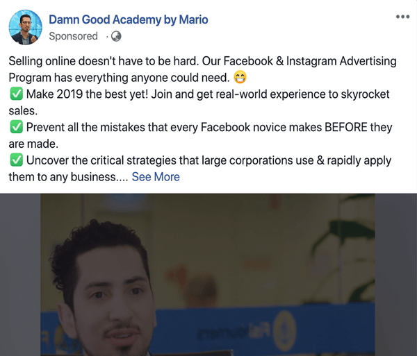 Hoe je langere tekstgebaseerde, op Facebook gesponsorde berichten schrijft en structureert, type 1 probleem en oplossing, bijvoorbeeld door Damn Good Academy door Mario