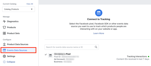 Gebruik de menuoptie Facebook Event Setup Tool, stap 24, om de Facebook-pixel met uw catalogus te verbinden