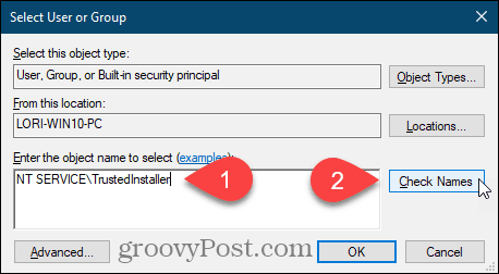 Voer de gebruikersnaam in en klik op Namen controleren op een Windows-registersleutel