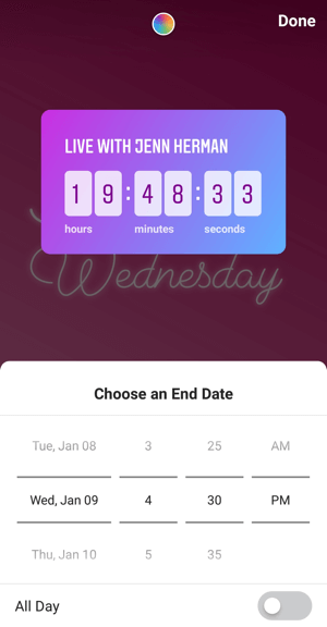Hoe de Instagram Countdown-sticker voor bedrijven te gebruiken, stap 4 afteltijd.
