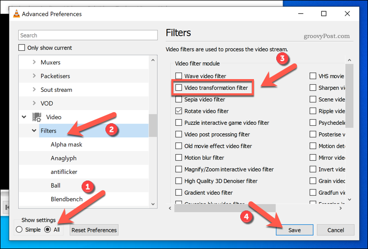 Videotransformatiefilters inschakelen in VLC op Windows