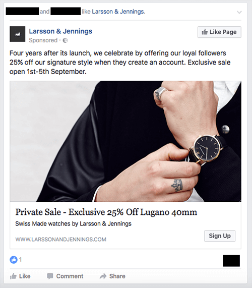 Advertentie voor een exclusieve verkoop van horlogemerk Larsson & Jennings.