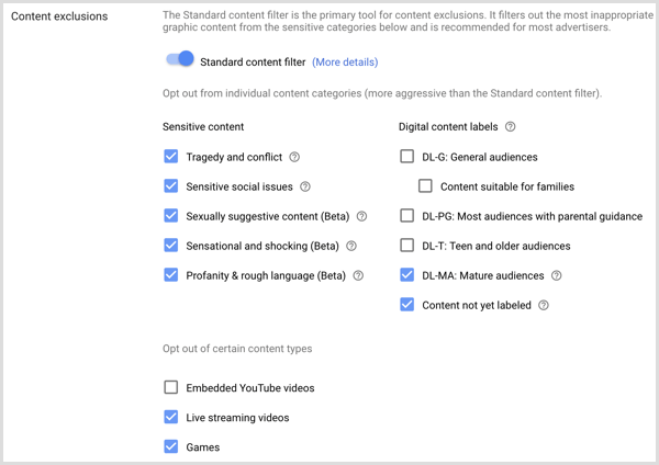 Instellingen voor inhoudsuitsluitingen voor Google AdWords-campagne.