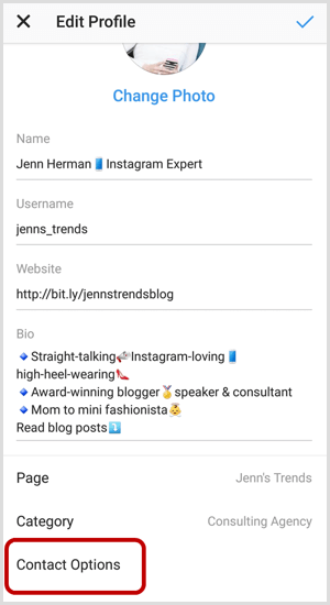 Contactopties op Instagram Profiel bewerken-scherm