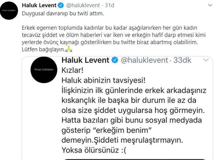 Haluk Levent Pınar Gültekin reageerde na het delen van de verzamelde moord