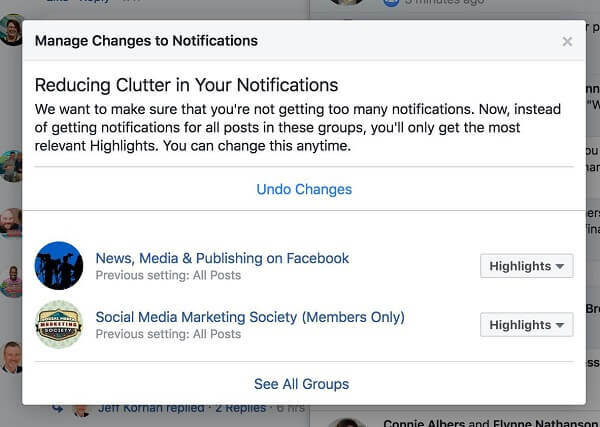 Facebook is actief bezig met het verminderen van rommel door gebruikers minder meldingen van bepaalde groepen te tonen.