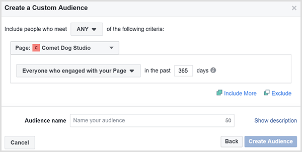 Met het dialoogvenster Facebook Create a Custom Audience kunt u advertenties targeten op mensen die binnen een bepaald tijdsbestek contact hebben gehad met uw website.