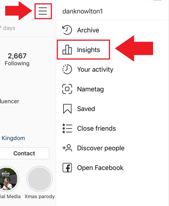 Marketingstrategie voor sociale media; Screenshot van waar je toegang hebt tot Instagram Insights op de Instagram-app.