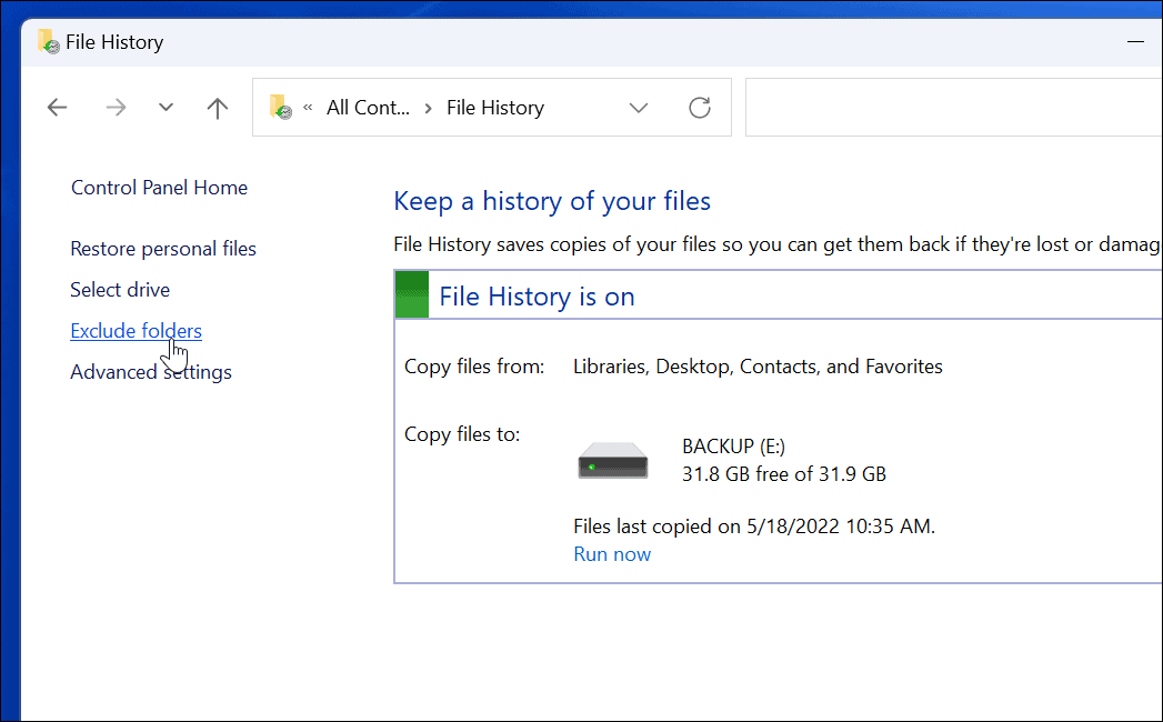 Gebruik bestandsgeschiedenis uitsluiten op Windows 11