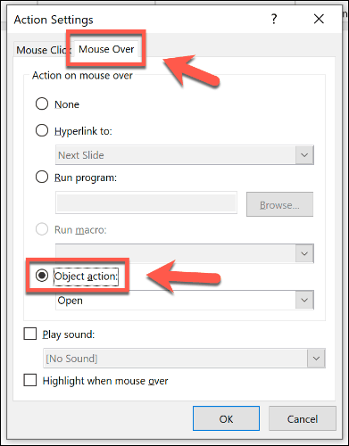 Een object instellen om te openen met een muis over in PowerPoint