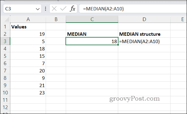 Voorbeeld MEDIAN-resultaat in Excel