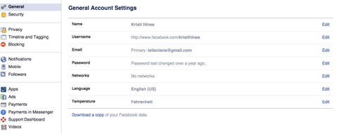 facebook account instellingen menu