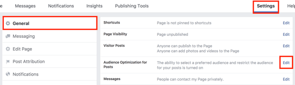 Klik in de instellingen van je Facebook-pagina op de knop Bewerken rechts van de optie Doelgroepoptimalisatie voor berichten.