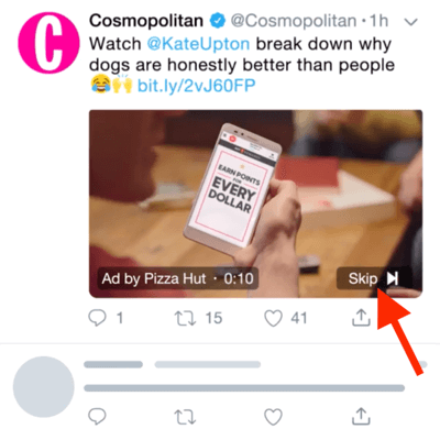 Voorbeeld van een Twitter-videoadvertentie met de optie om de advertentie na 6 seconden over te slaan.