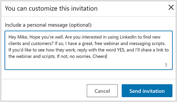 De uitnodiging voor een LinkedIn-verbinding met een persoonlijk bericht is gebaseerd op de vier suggesties van John Nemo.