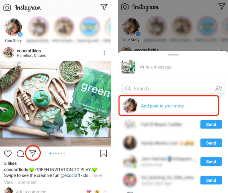 voorbeeld van een Instagram-bericht van @ecocraftkids met verschillende groene mediums geplaatst met natuurlijke houten schotels en instrumenten die het papieren vliegtuigpictogram markeren, samen met de menu-optie post toevoegen aan je verhaal gemarkeerd