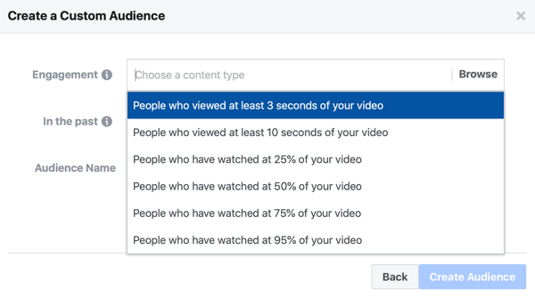 Optie om een ​​aangepaste doelgroep voor Facebook-advertenties te maken van mensen die een deel van uw video hebben bekeken.