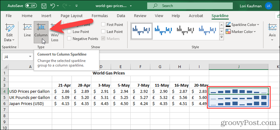 Wijzig het Sparkline-type in Excel