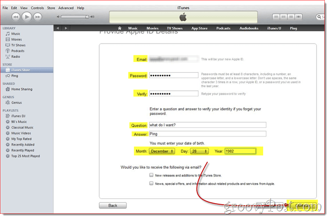 iTunes - voer e-mail en wachtwoord en datum in