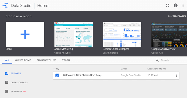 Gebruik Google Data Studio, stap 1.
