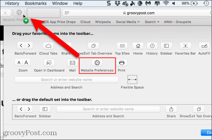 Voeg de knop Website-voorkeuren toe aan de Toolbar in Safari voor Mac